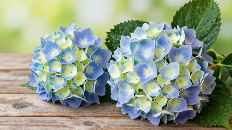 Vibrant blossoms draped with dew rest on a rustic wooden table