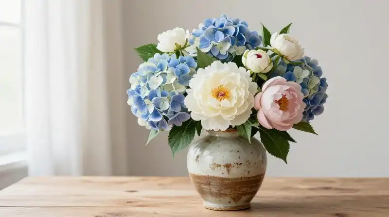 Detailed flowers sit in a rustic vase bathed in soft morning light