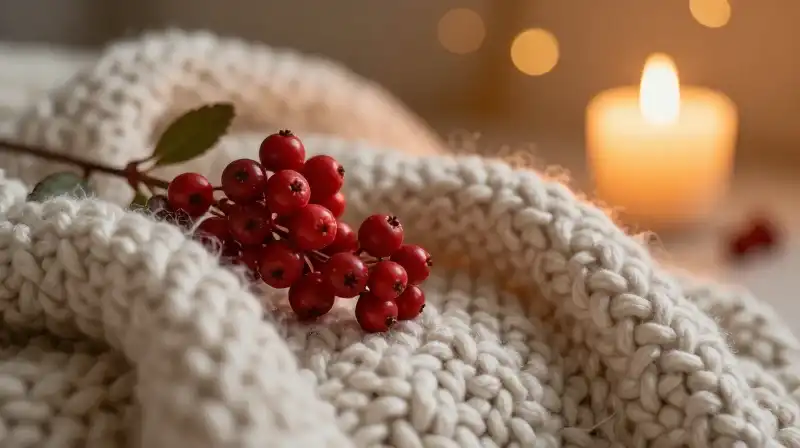 A lush berry cluster rests on a soft wool blanket by warm candlelight