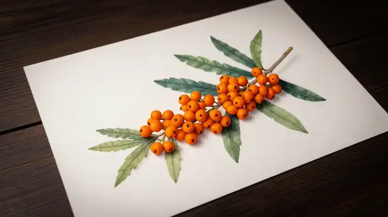 Bright orange hypericum sprigs rest on a dark wooden table