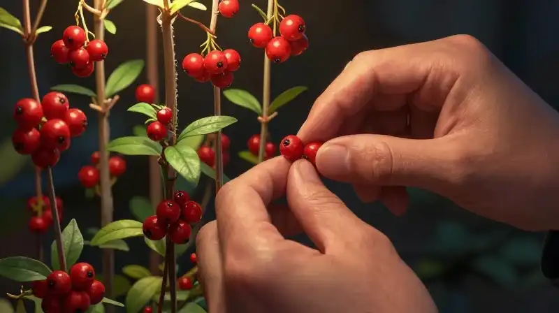 A skilled hand delicately shapes vibrant hypericum berries in a lush vertical garden
