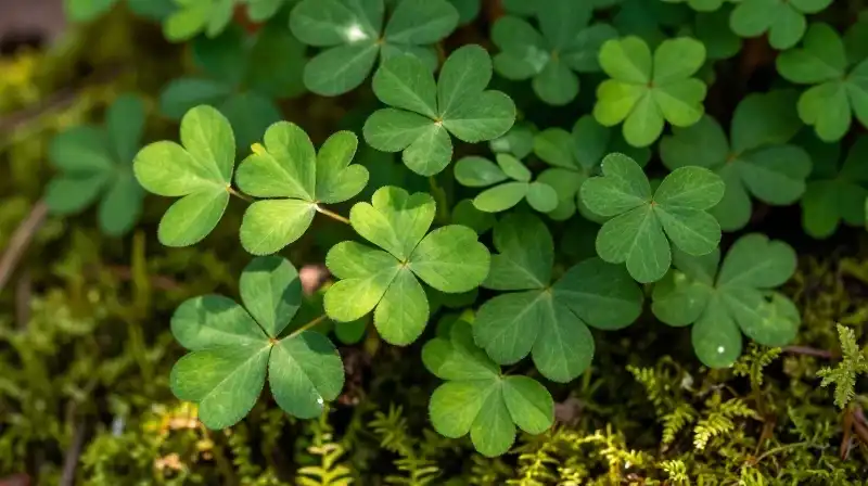 Lush green holly and clover thrive in a mossy woodland