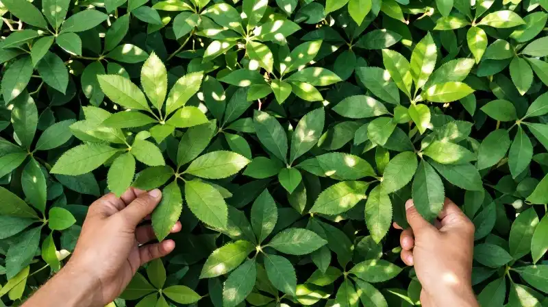 Hands carefully tend to vibrant, sun-dappled green inkberry bushes