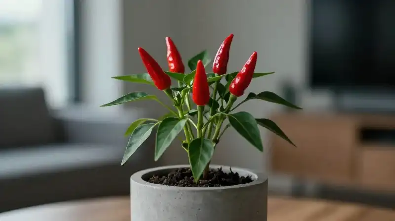 A vibrant pepper plant thrives in a concrete pot, softly lit