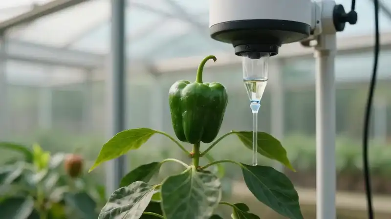 Soft sunlight illuminates a pepper plant with nutrient drip system