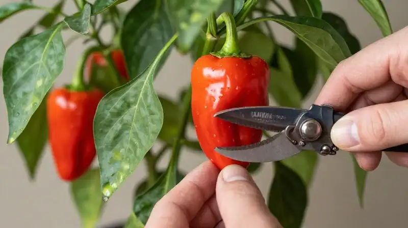 A gardener carefully prunes bright peppers on a lush indoor plant