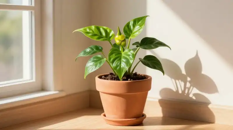 A vivid pepper plant sits in a ceramic pot, bathed in warm sunlight