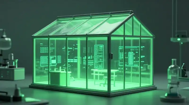A futuristic minimalist greenhouse glows with neon green data charts