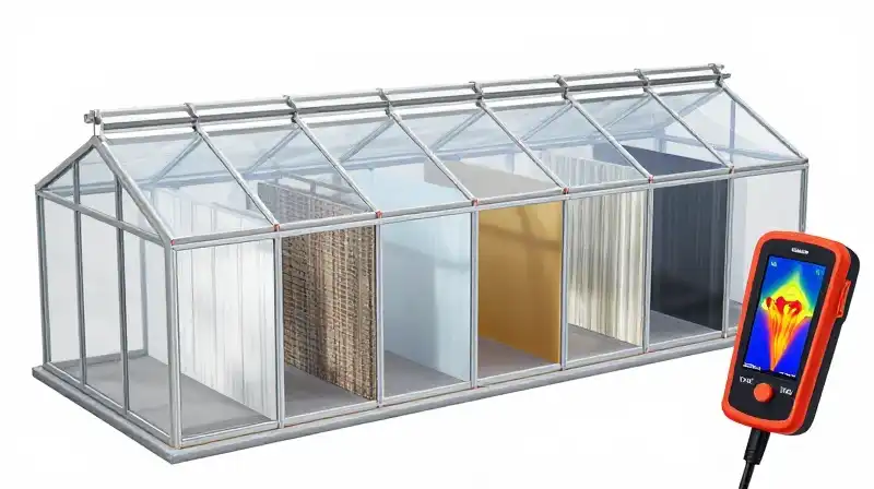 A detailed technical illustration of an insulated greenhouse cross-section