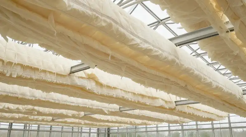 Intricate layers and diffused light fill the modern greenhouse interior