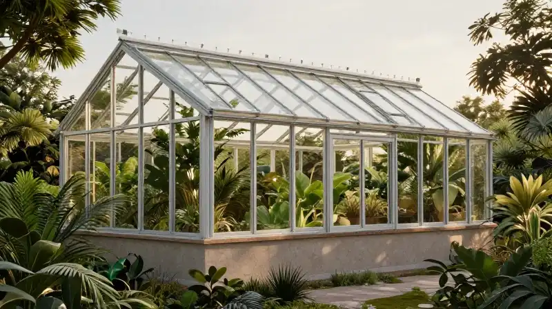 A detailed, glass greenhouse bathes lush foliage in golden light