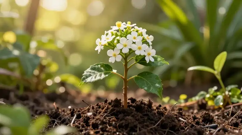 A Sweetspire sapling flourishes in lush, warm, golden soil