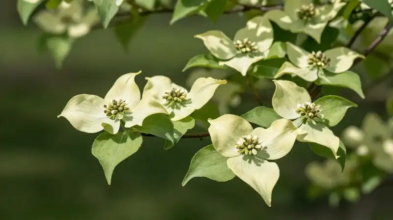 Ivory dogwood blossoms shine through lush green leaves