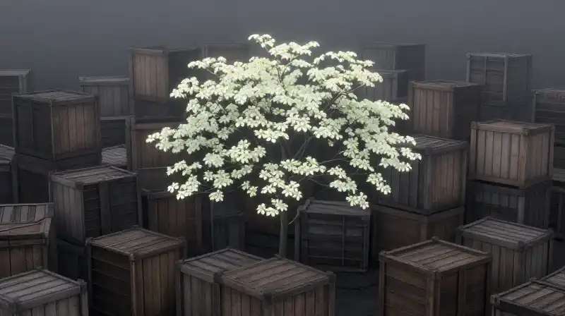 White dogwood petals emerge from a maze of gray wooden crates