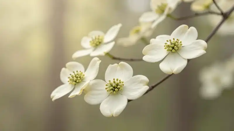 Detailed ivory dogwood blossoms glow in a soft, golden forest light