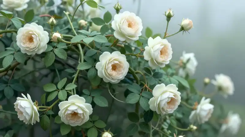 Lush, ivy-clad roses thrive within a mystical, misty garden setting