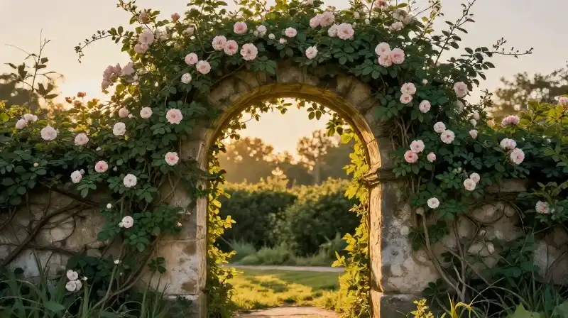 A lush, golden rose vine climbs a mossy, ancient stone arch