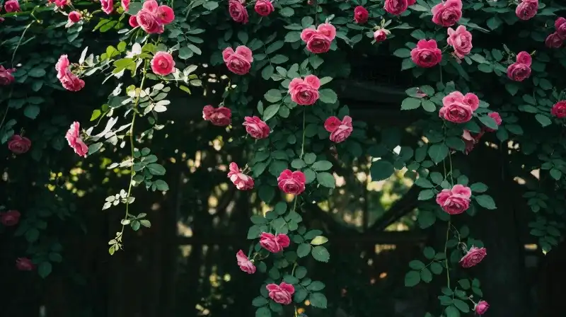 Vibrant ivy roses cascade under soft, dappled sunlight in a moody garden