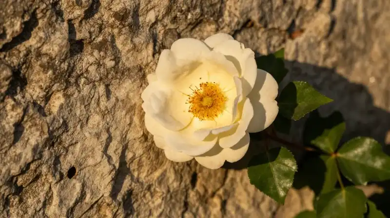 Warm golden light illuminates detailed ivy roses on weathered stone