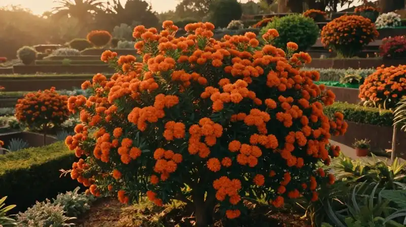 Vibrant orange ixora blossoms grace a sunlit, terraced garden landscape
