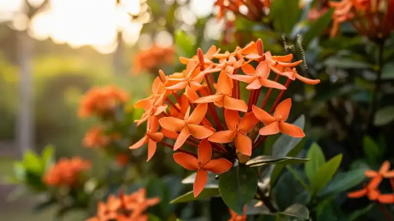 Vibrant orange Ixora blossoms shine in the golden garden