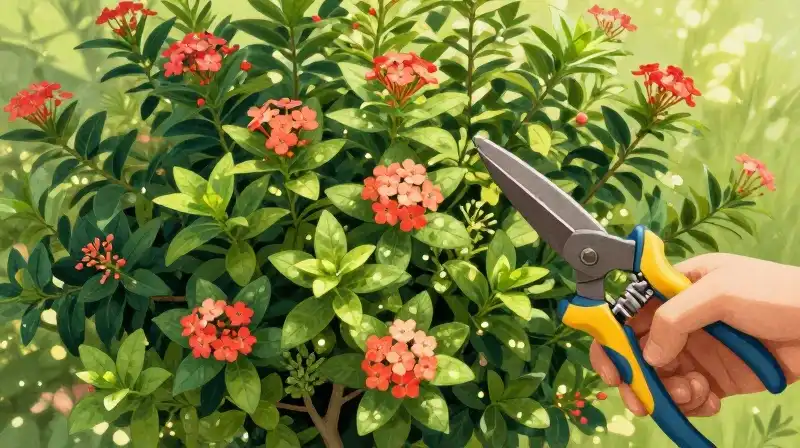 Detailed Ixora blooms thrive amidst lush, manicured green foliage