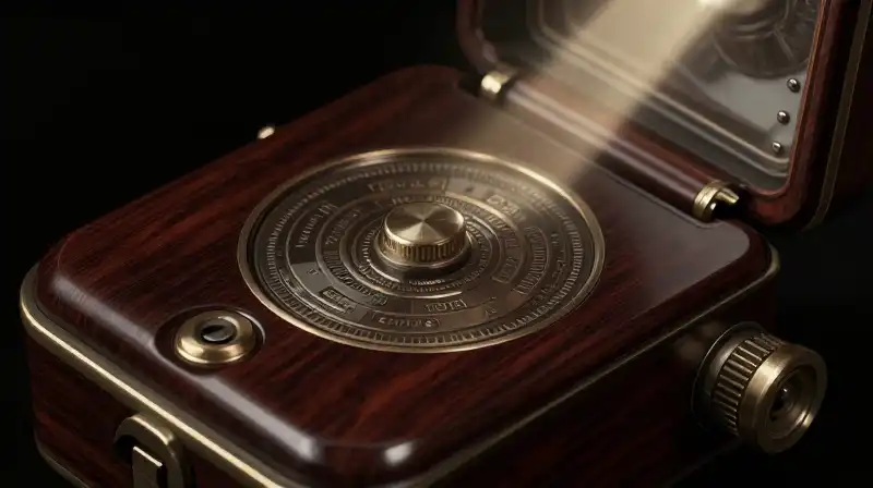 A vintage device sits on a dark, polished mahogany surface
