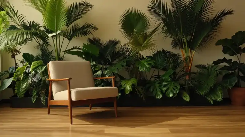 Golden sunlight illuminates a mid-century chair and lush indoor plants