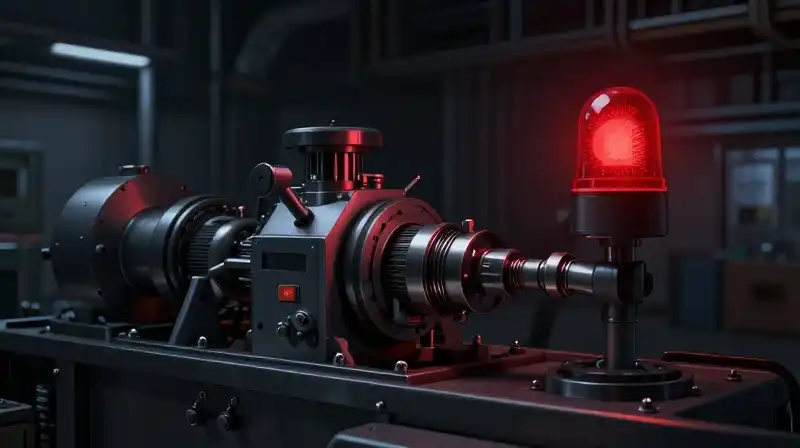 Deep industrial shadows hide a mechanical system flashing red