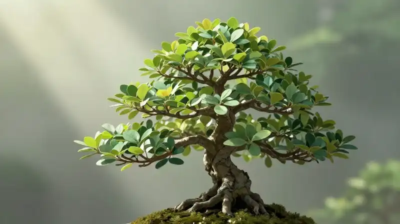 Delicate boxwood bonsai glows within a misty, ethereal garden