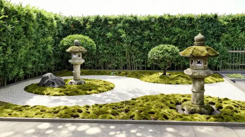 A tranquil Japanese zen garden with pruned hedges and mossy lanterns