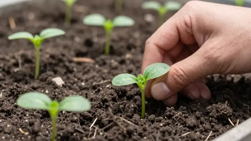 Hands thin delicate cucumber seedlings in rich, dark soil