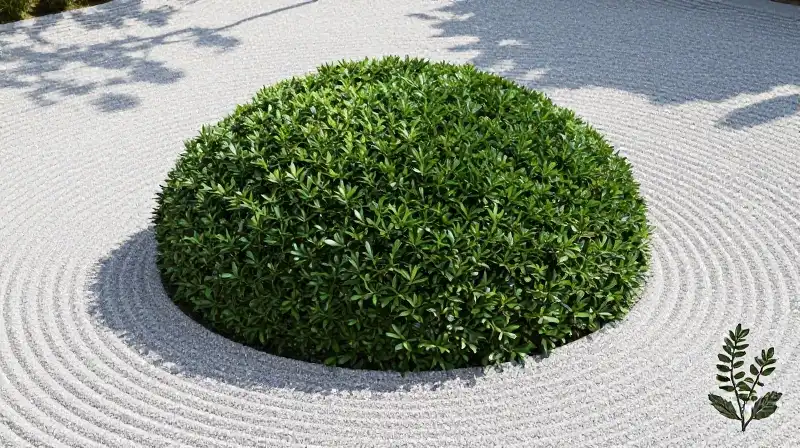 Dappled sunlight illuminates meticulously sculpted Japanese holly hedges