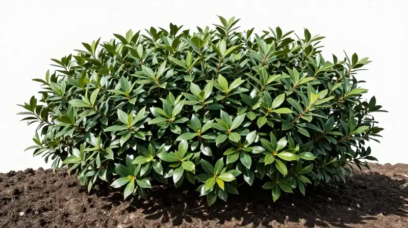 Detailed holly bush in dark soil, illuminated by dappled sunlight