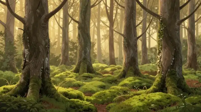 Golden light bathes intricate larch forest with vibrant, velvety moss