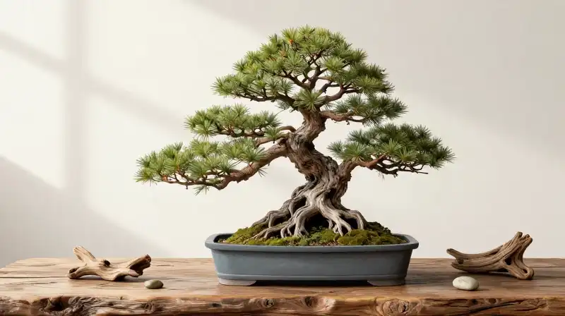 Detailed larch bonsai rests on rustic wood near scattered driftwood