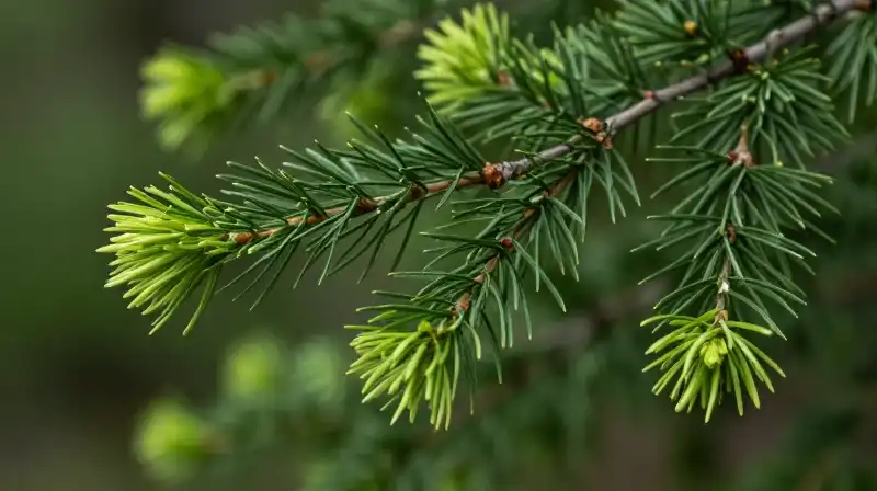 Fine larch needles glow softly in the diffused forest light