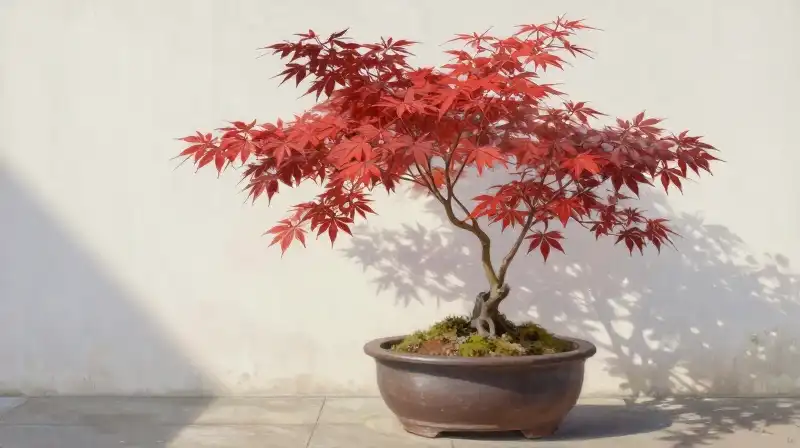 Crimson maple leaf shines in a tranquil, dappled garden pot