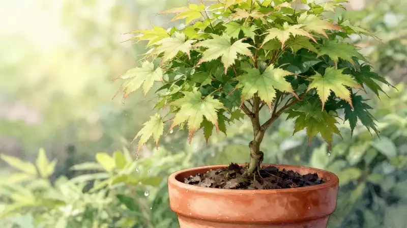 Soft morning light illuminates a delicate Japanese maple in a terracotta pot