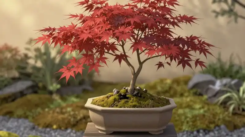 A delicate crimson maple rests serenely in a moss garden