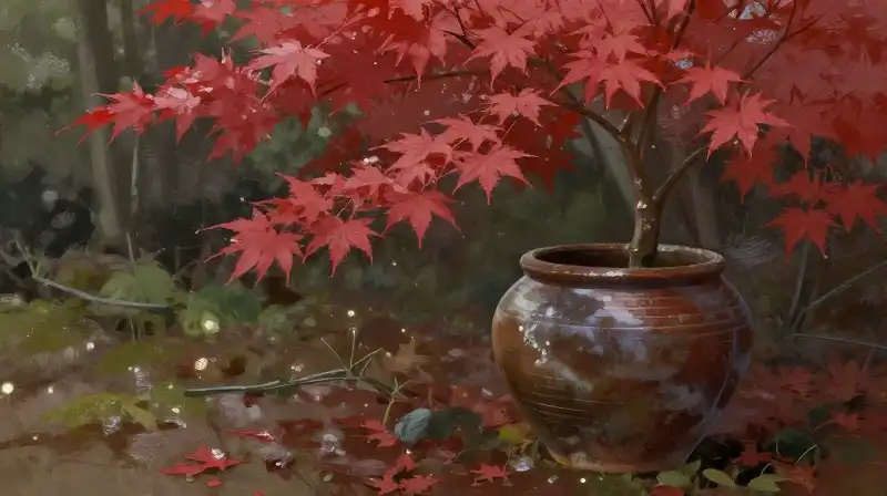 Maple in weathered pot rests on damp, softly lit forest ground