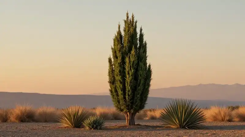 Golden light illuminates a detailed juniper in a dry landscape