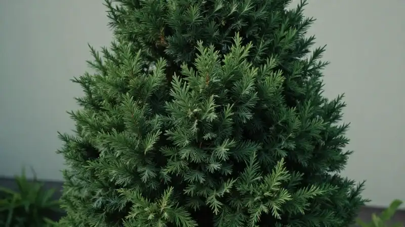 A majestic juniper stands in a serene, softly lit minimalist garden