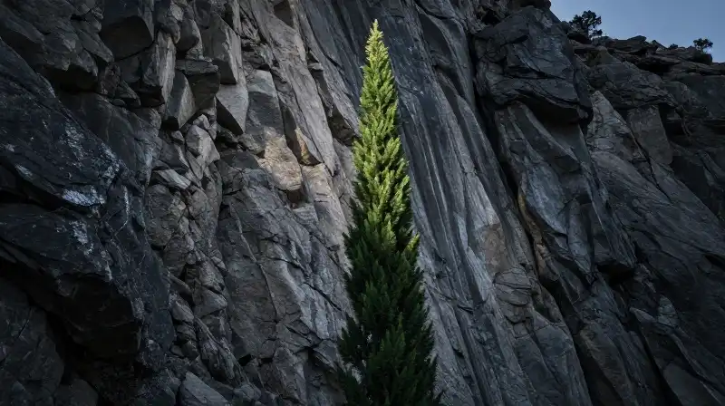 A towering juniper climbs a rugged limestone cliff in dramatic light