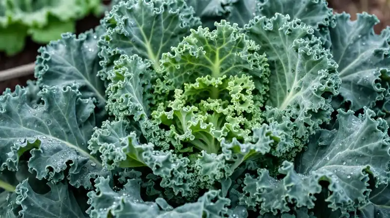 Vibrant green kale flowers with dewdrops in a lush garden