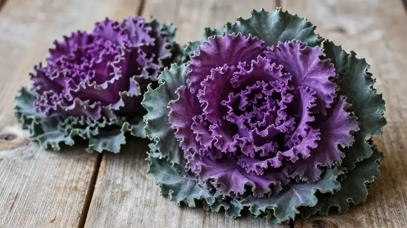 Vibrant purple kale flowers decorate rustic wood with soft light