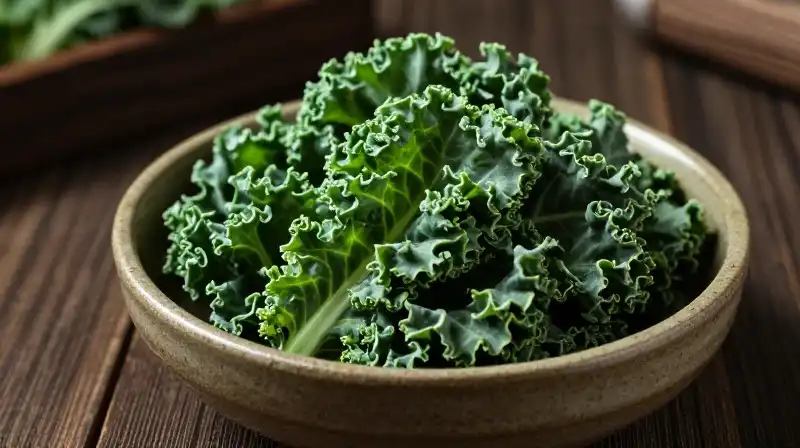 Vibrant kale blossoms rest in a rustic bowl on dark wood