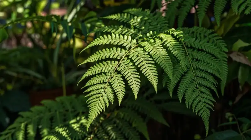 Flourishing lace fern bathed in dappled garden sunlight