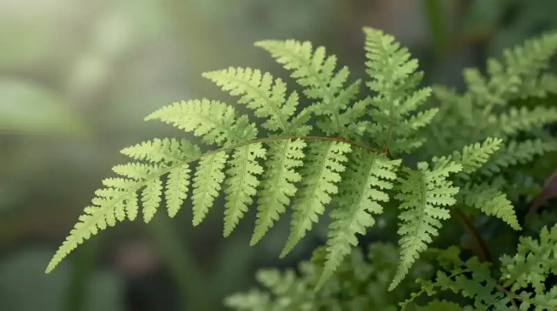 Intricate fern frond bathed in soft light and gentle mist