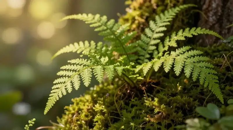 Golden sunlight illuminates fragile lace ferns and deep moss